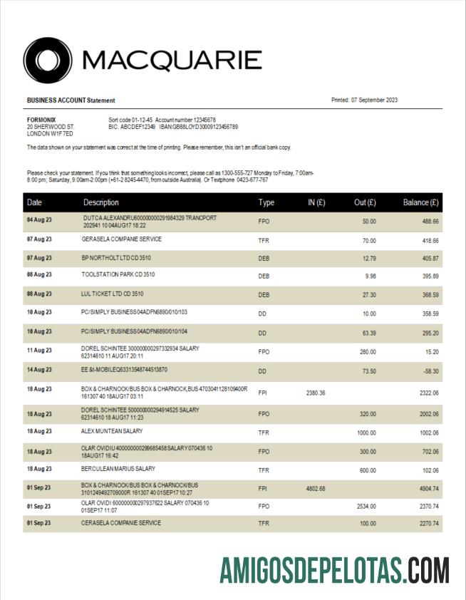 Em branco Macquarie Bank Enterprise Statement modelo Word e PDF